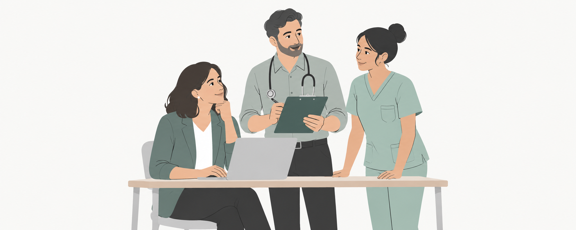 Illustration of a practice manager, GP and nurse working together